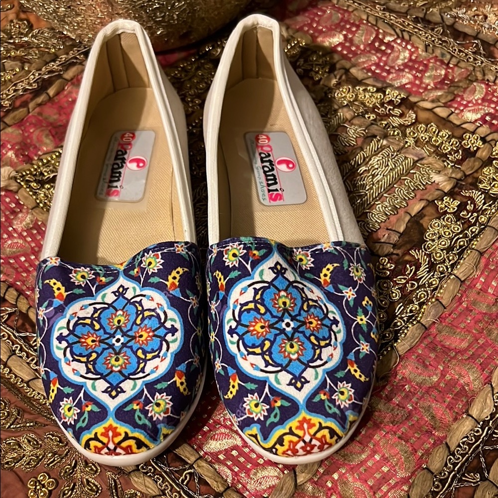 Navy Blue Slip-On Loafers with Geometric and Floral Pattern